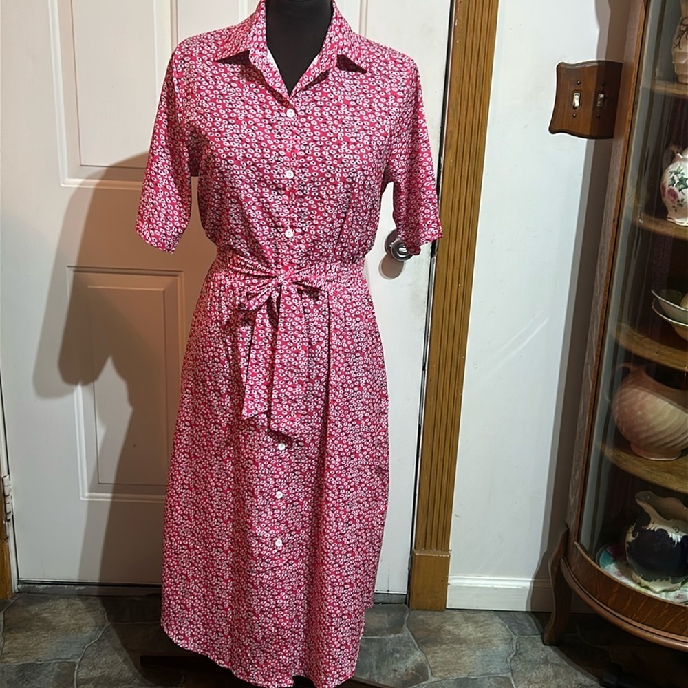 Pink and White Floral Short Sleeve Button Down Tie in the Front Dress Size XL - Picture 1 of 6
